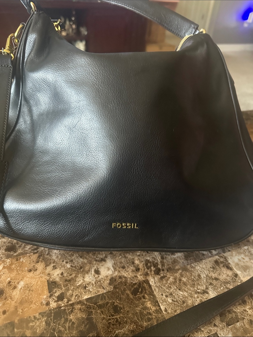 Fossil Black Leather Hobo Bag with Gold Hardware